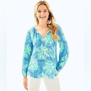 Lilly Pulitzer Willa Blue Green Flounce Sleeve Top Tropic Like Its Hot Small